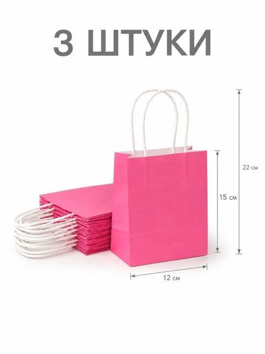 Tutqichli pushti qog‘oz sovg‘a paketlari, 12×15×22 sm, 3 dona to‘plam