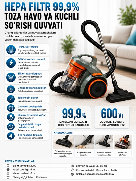 Midea MVC5525 changyutgichi, 2200 Vt quvvatga ega, 3.5 L chang idishi, HEPA filtri
