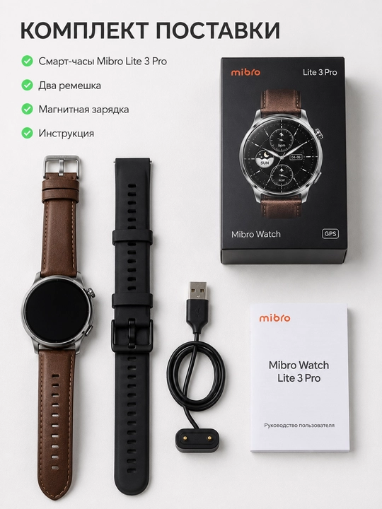 Смарт-часы Mibro Lite 3 Pro AMOLED, GPS, Bluetooth-звонки, 2 ремешка