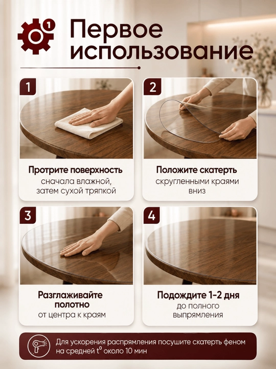 Гибкое стекло для стола круглое / прозрачное 2 мм / водонепроницаемое ПВХ