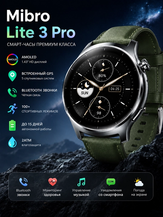 Смарт-часы Mibro Lite 3 Pro AMOLED, GPS, Bluetooth-звонки, 2 ремешка - 