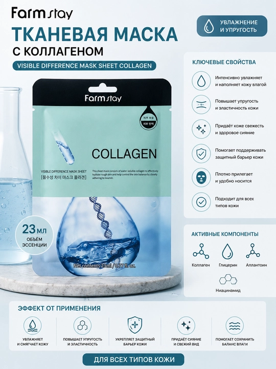 Yuz uchun matoli niqob Farmstay Visible Difference Mask Sheet Collagen - 