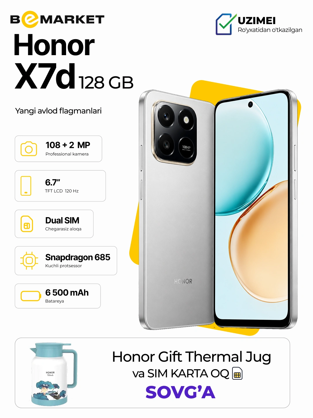 Honor X7d | IMEI | 8/256 GB | 6/128 GB за 3199000 сум со скидкой 18%. Uzum Market