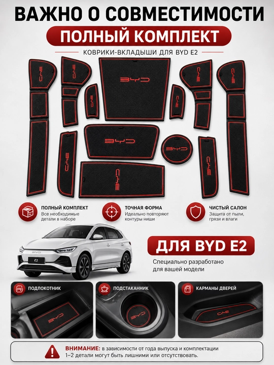 BYD E2 uchun rezina kovrik-vkladishlar to‘plami, salon nishalari himoyasi