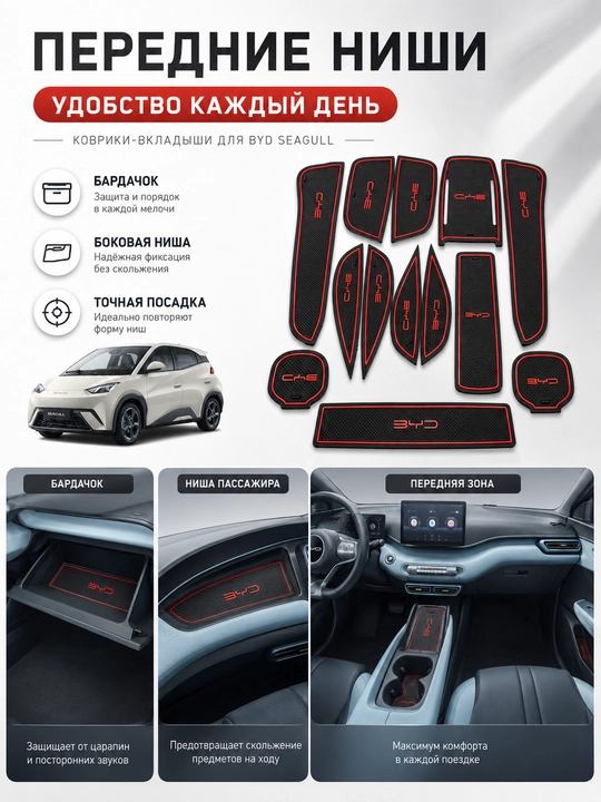 Коврики-вкладыши для BYD Seagull, резина, защита ниш салона - 