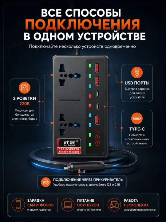 Автоинвертор 12V/24V → 220V 100W/200W с USB и Type-C, для авто