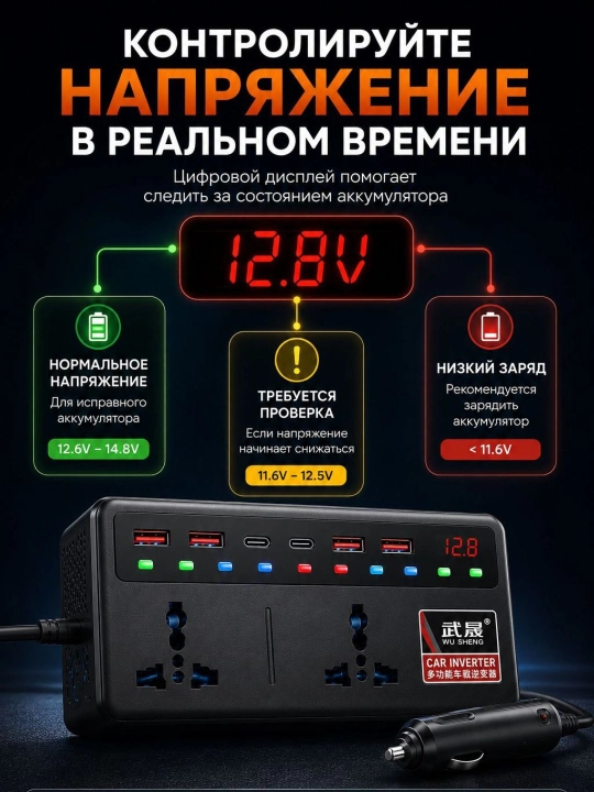 Автоинвертор 12V/24V → 220V 100W/200W с USB и Type-C, для авто