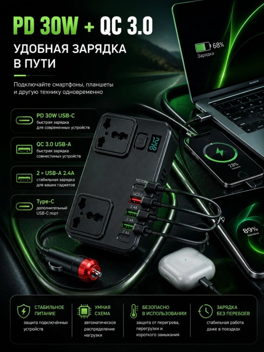 Автоинвертор 12V/24V → 220V 100W/200W с USB и Type-C, для авто