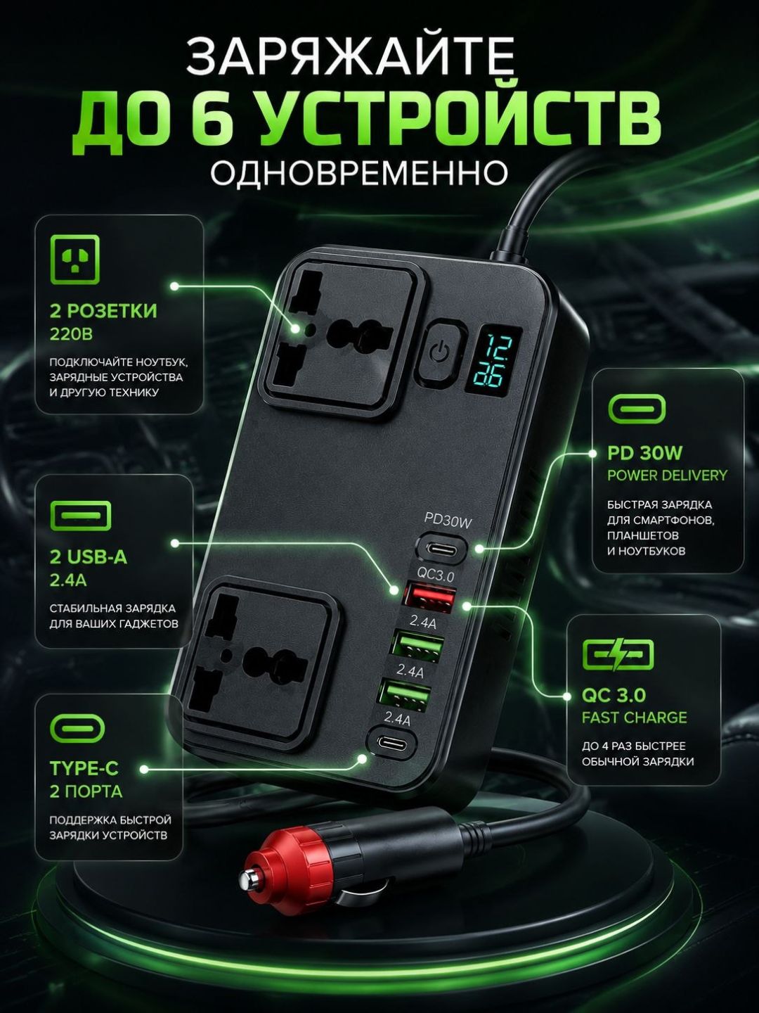 Автоинвертор 12V/24V → 220V 100W/200W с USB и Type-C, для авто