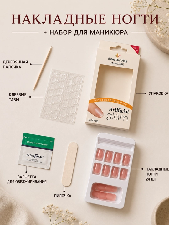 Накладные ногти 48 шт (24+24), готовый маникюр, френч, нюд, разные дизайны