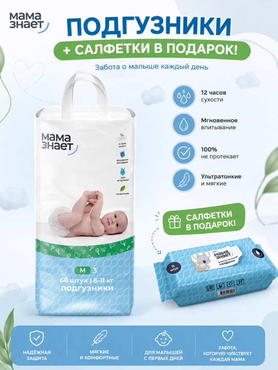 3 (M) o‘lchamli "Ona biladi" bolalar tagliklari (6-11 kg), sovg‘a uchun salfetkalar - 