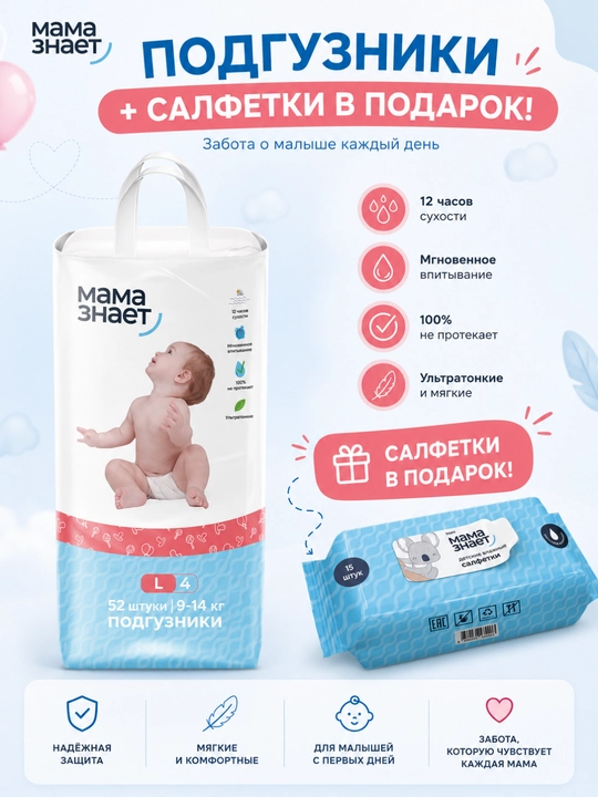Детские подгузники «Мама знает» размера 4 (L) (9-14 кг), салфетки в подарок - 