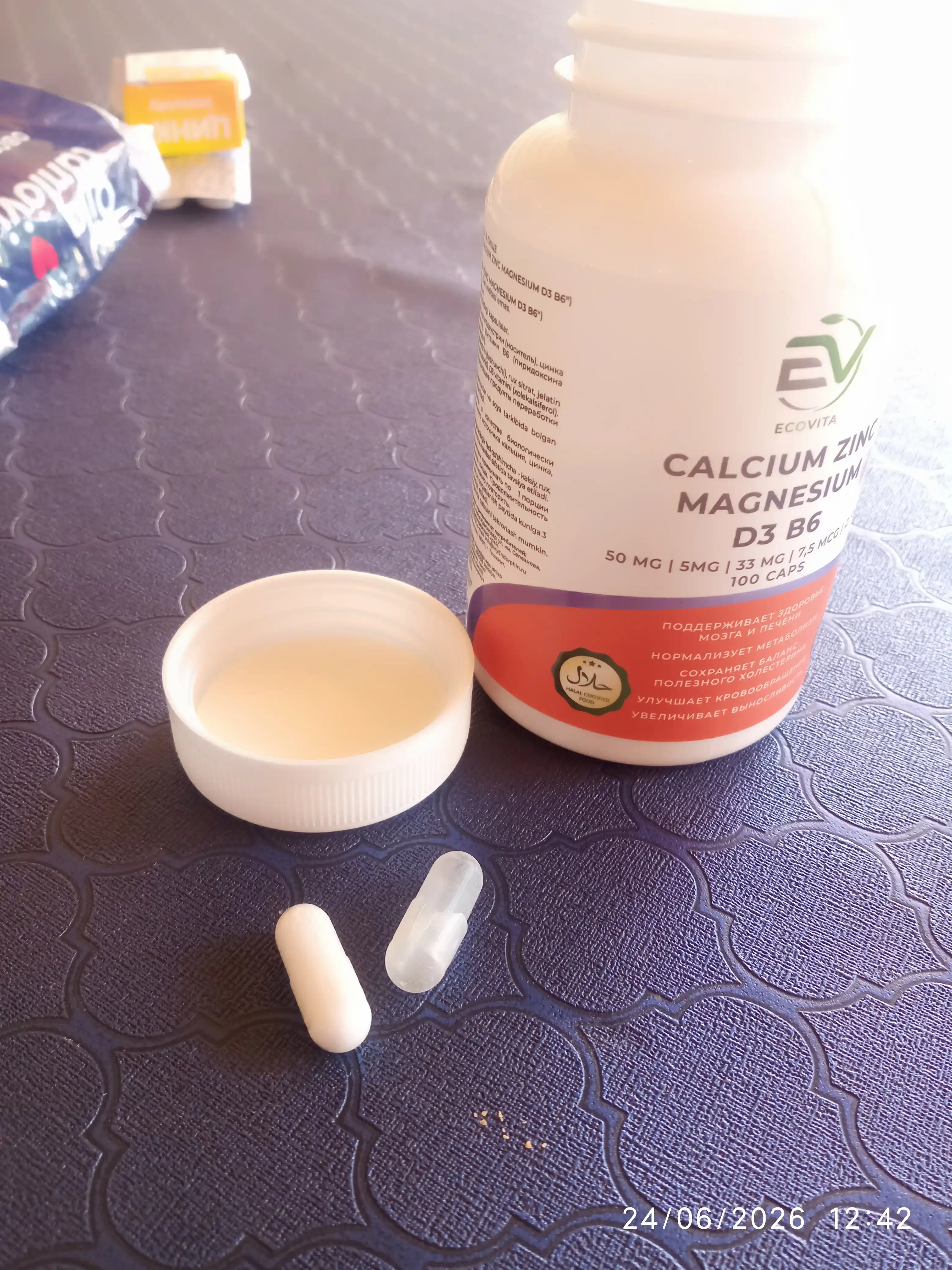 Kalsiy + Sink + Magniy, D3 va B6 vitaminlari ECOVITA, 100 kapsula