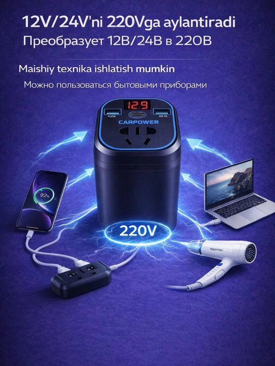 Автоинвертор 12V/24V → 220V 100W/200W с USB и Type-C, для авто