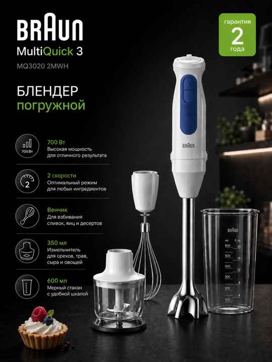 Qoʻl blenderi Braun MQ30202MWH MultiQuick 3, 700 Vt, venchik va maydalagich bilan - 