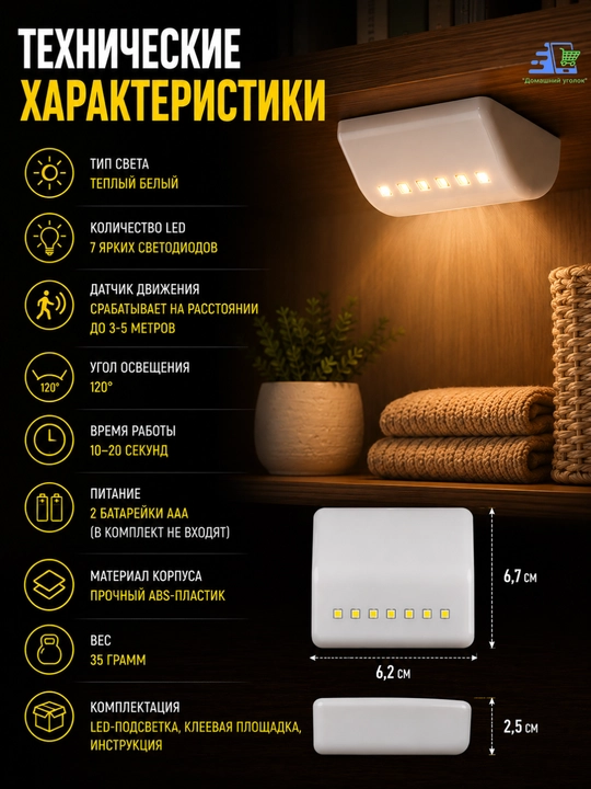 LED-подсветка для шкафа с датчиком движения, беспроводной светильник 8 LED