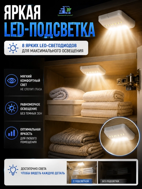 LED-подсветка для шкафа с датчиком движения, беспроводной светильник 8 LED - 