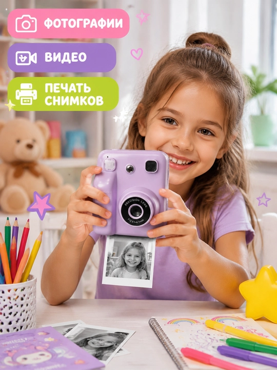 Детский фотоаппарат с печатью, мини камера, фото и видео, термопринтер, игры и музыка