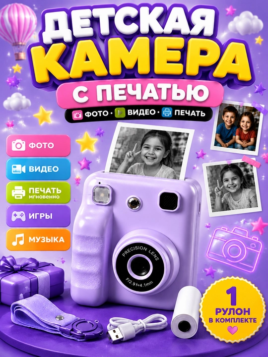 Детский фотоаппарат с печатью, мини камера, фото и видео, термопринтер, игры и музыка - 