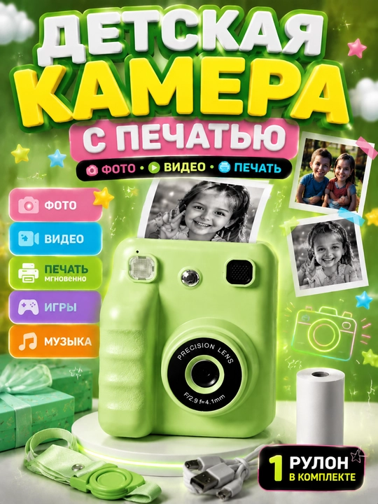 Детский фотоаппарат с печатью, мини камера, фото и видео, термопринтер, игры и музыка - 