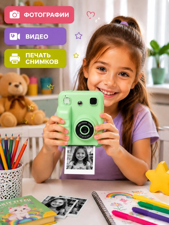 Детский фотоаппарат с печатью, мини камера, фото и видео, термопринтер, игры и музыка