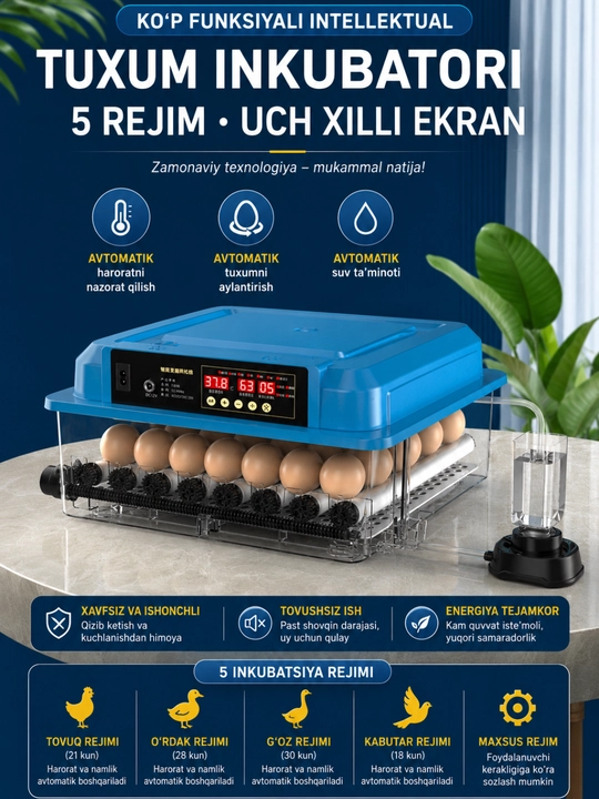 To‘liq avtomatik aqlli inkubator, namlik va harorat nazorati, avtomatik aylantirish