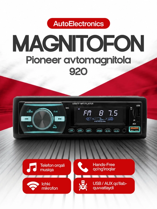 Avtomagnitola Pioneer 920 1DIN Bluetooth USB AUX TF FM-radio pultli - 