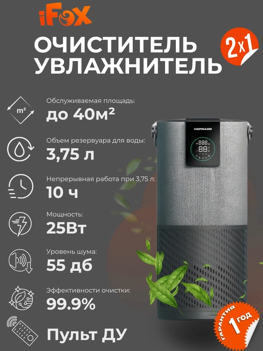 Очиститель и увлажнитель воздуха, 2 в1, HOFMANN, с HEPA-фильтром, 40-60 м², 1 год гарантии