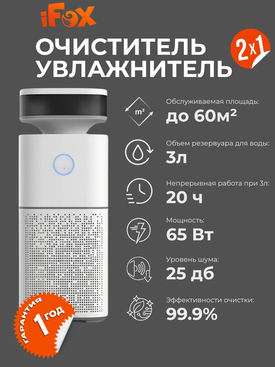 Очиститель и увлажнитель воздуха, 2 в1, HOFMANN, с HEPA-фильтром, 40-60 м², 1 год гарантии