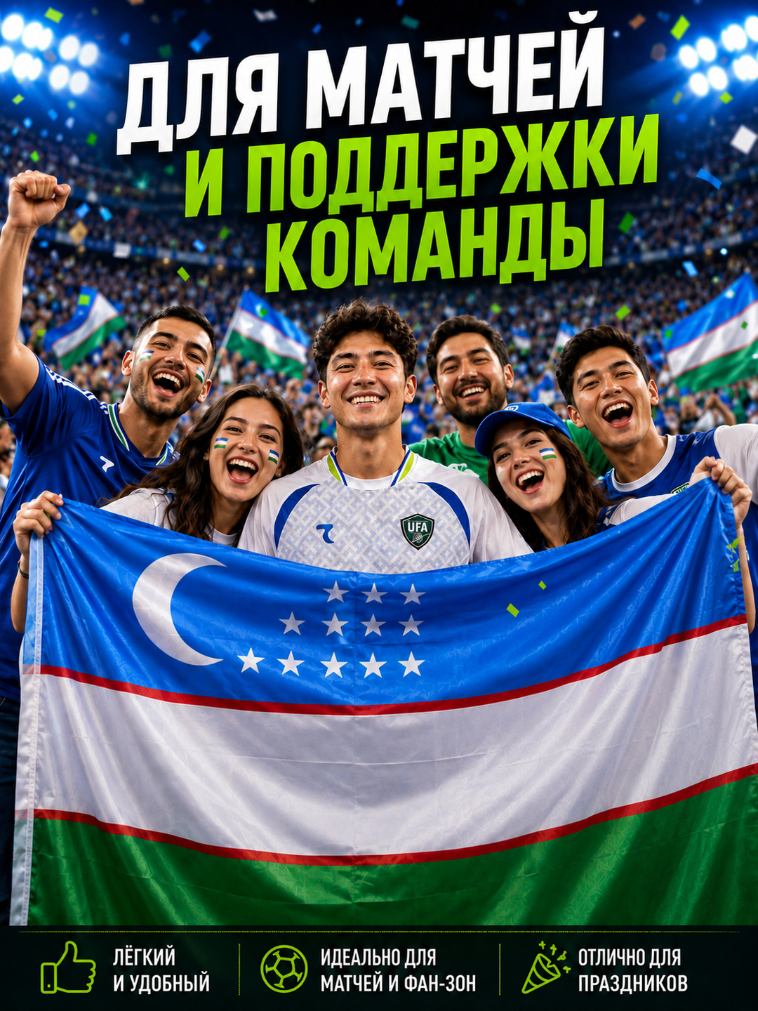 O'zbekiston bayrog'i , yengil bardoshli mato, ikki tomonlama, bayroq 90 * 150 sm