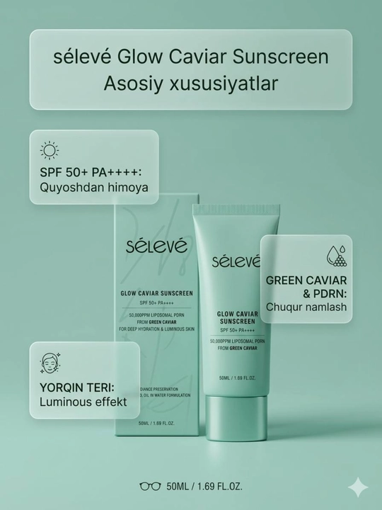 SELEVE Glow Caviar PDRN Sunscreen SPF50+ PA++++, 50 ml quyoshdan himoya kremi - 