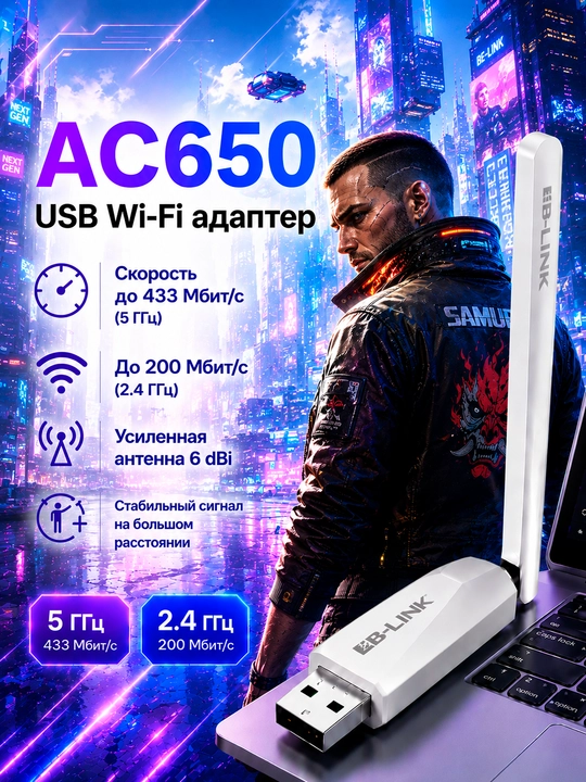 Wi-Fi адаптер USB двухдиапазонный  LB-Link, с поддержкой WiFi 2.4 ГГц и 5 ГГц, 650 Mbps - 