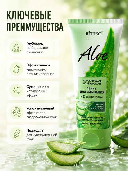 Пенка ALOE для умывания, увлажняющая, освежающая с D-пантенолом 200 мл, Витэкс