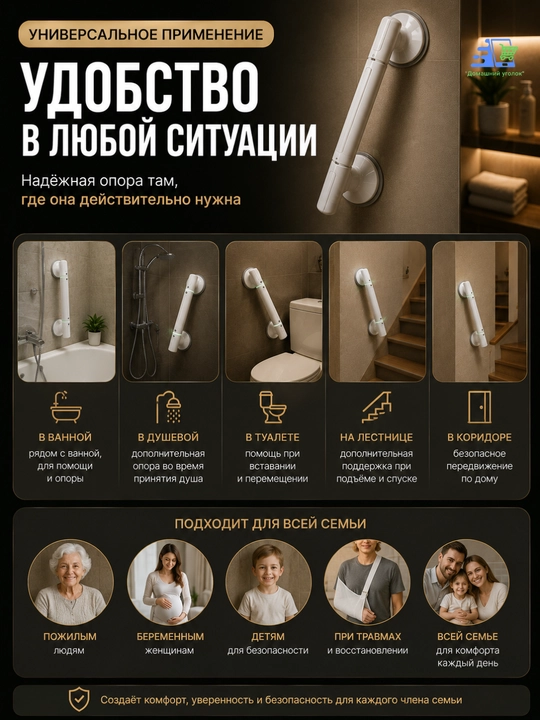 Настенный поручень на присосках 35 см с подсветкой, без сверления до 110 кг