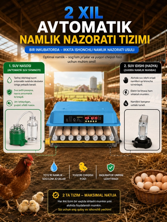 To‘liq avtomatik aqlli inkubator, namlik va harorat nazorati, avtomatik aylantirish