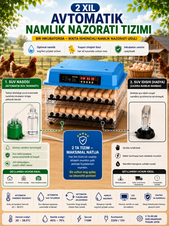 To‘liq avtomatik aqlli inkubator, namlik va harorat nazorati, avtomatik aylantirish