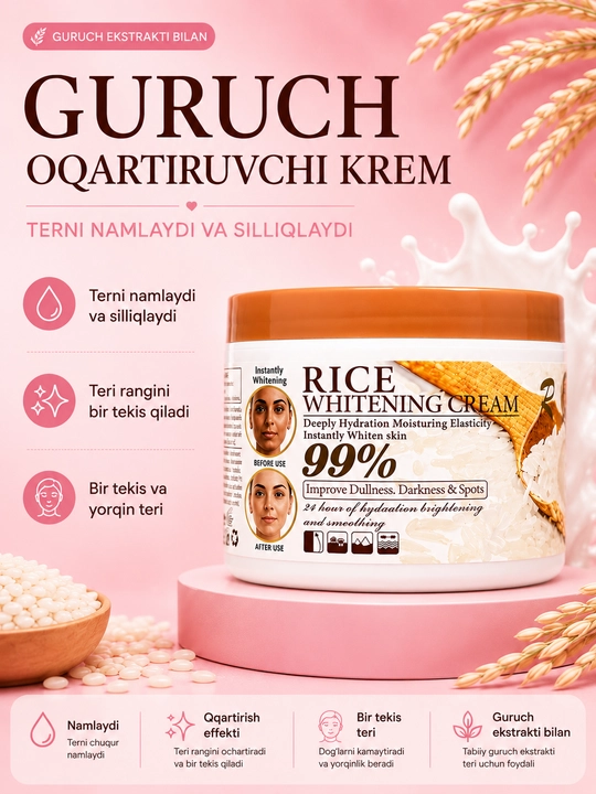 Guruch kremi, oqartiruvchi krem, yuz kremi, namlantiruvchi krem, teri parvarishi - 