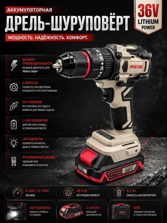 Akkumulyatorli drel-shurupovyort URAGAN 36V, cho'tkasiz motor (Brushless), 38 Nm - 