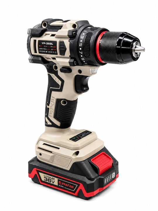 Akkumulyatorli drel-shurupovyort URAGAN 36V, cho'tkasiz motor (Brushless), 38 Nm