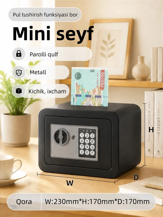 3 bosqichli himoyaga ega metall seyf, uy va ofis uchun, pul va hujjatlarni saqlash uchun - 