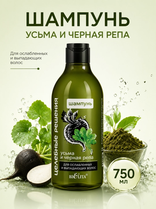 Шампунь Целебные решения, для ослабленных и выпадающих волос Усьма и черная репа, 750 мл - 