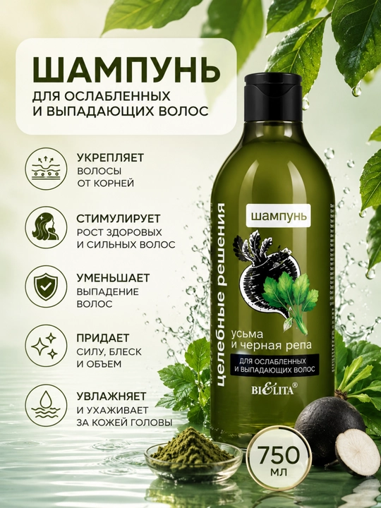 Шампунь Целебные решения, для ослабленных и выпадающих волос Усьма и черная репа, 750 мл