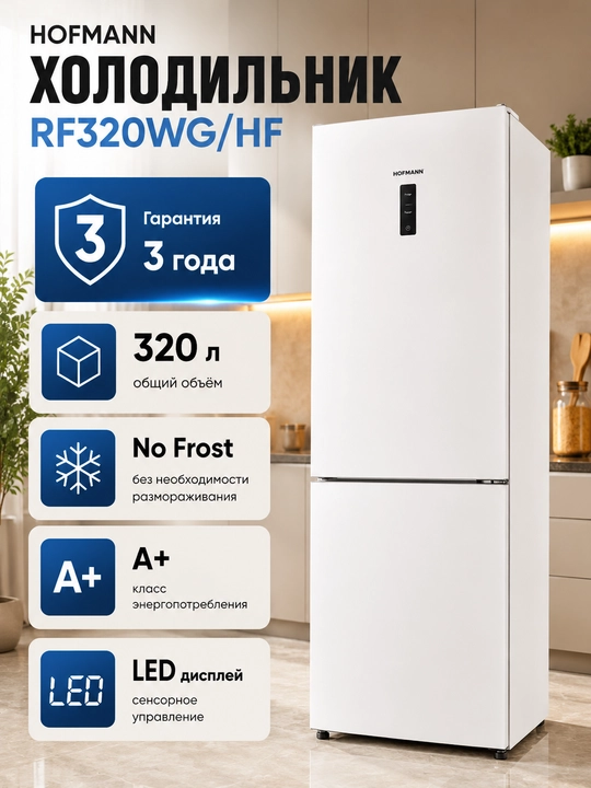 Холодильник Hofmann RF320WG/HF, 320 л, NoFrost, LED экран, энергопотребления A+ - 