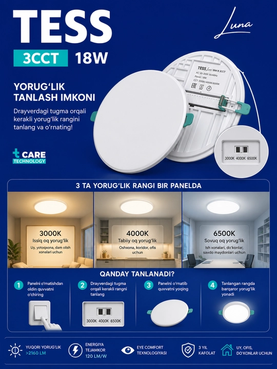 LED, panel, TESS Luna 18W R- Dumaqoq 3CCT-3 xil rang yonish, ichki o‘rnatiladigan