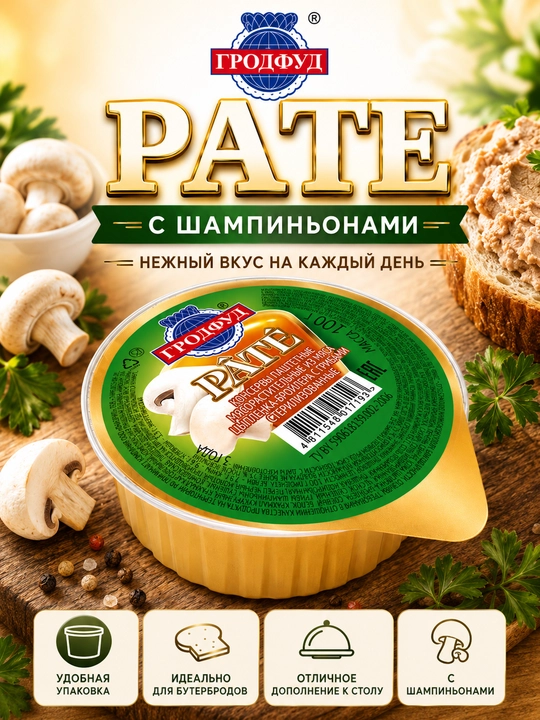 Паштет консерва цыплёнок-бройлер с грибами рате гродфуд, 100 гр - 