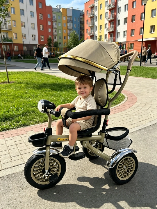 Bolalar velosipedi, uch g'ildirakli velosiped, uch g'ildirakli aravacha, savat bilan