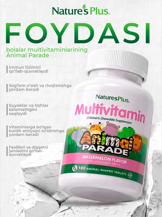 Nature’s Plus Animal Parade®  tarvuz ta’mli bolalar uchun multivitaminlar 180 tabletka