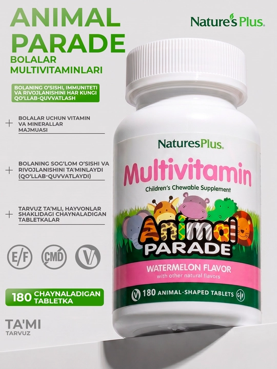 Nature’s Plus Animal Parade®  tarvuz ta’mli bolalar uchun multivitaminlar 180 tabletka