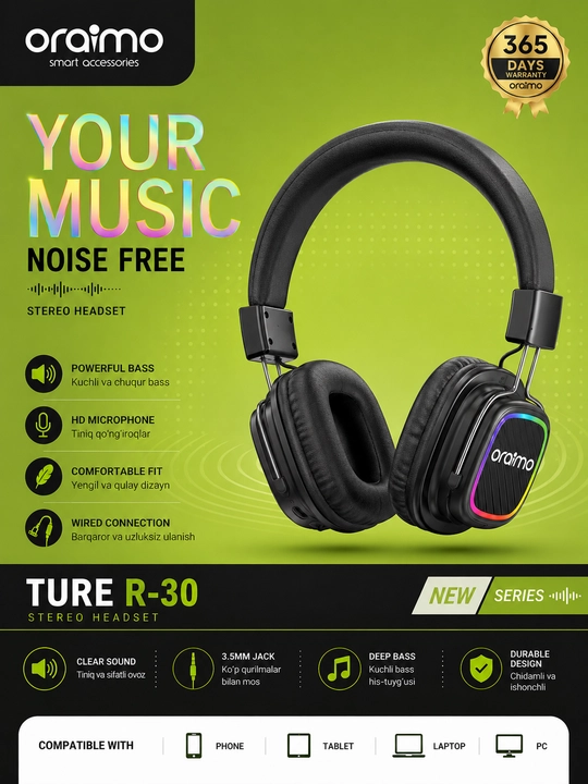 Oraimo TURE R-30 RGB Stereo Headset проводные наушники с микрофоном - 