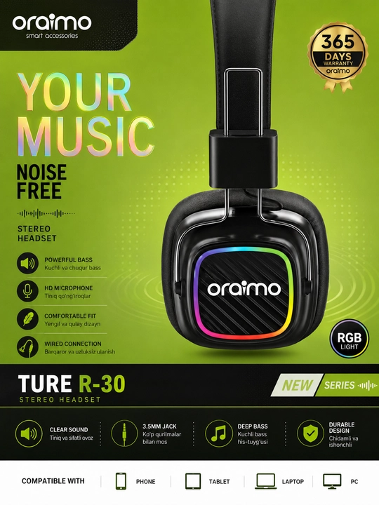 Oraimo TURE R-30 RGB Stereo Headset проводные наушники с микрофоном